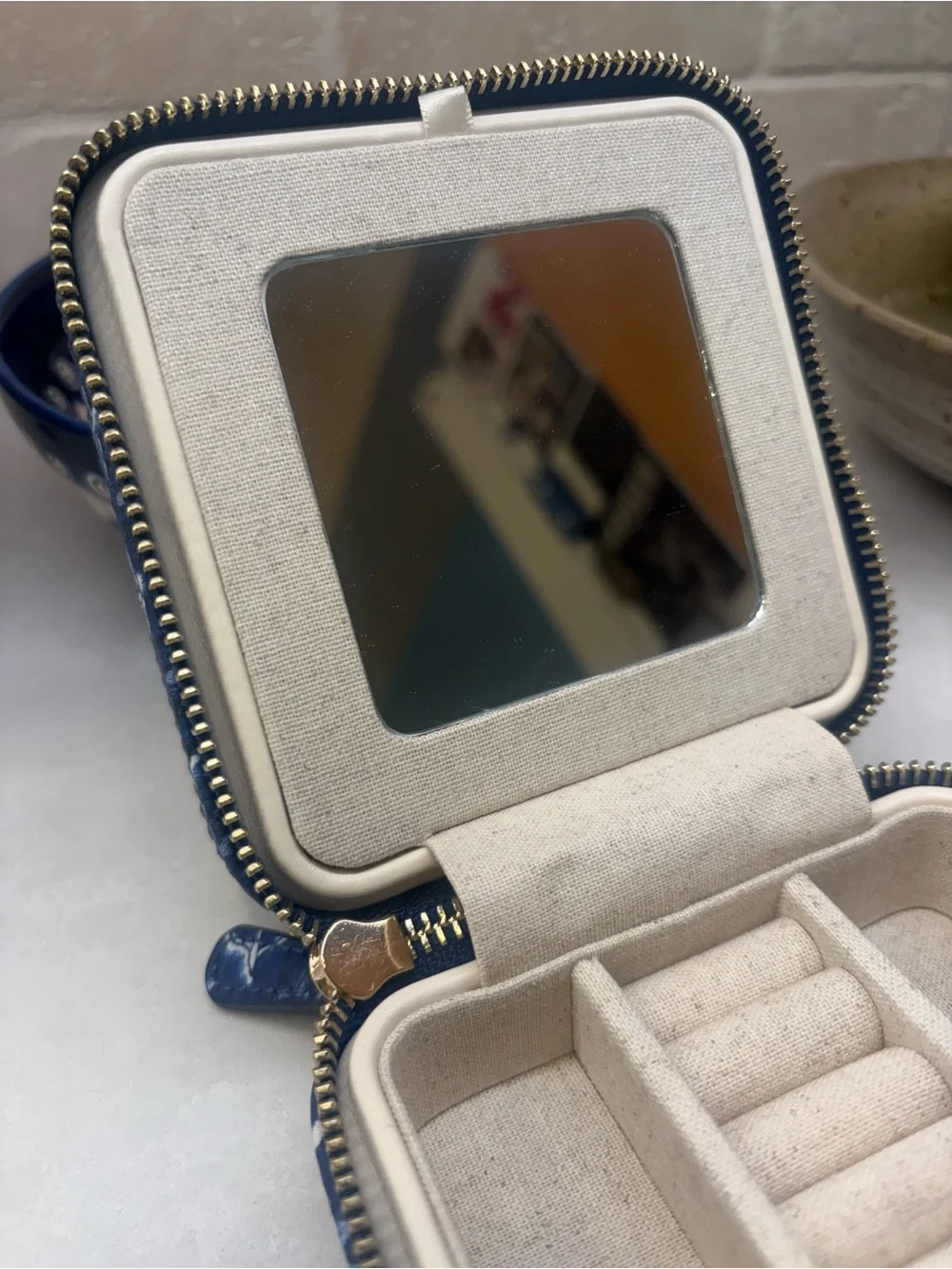 Mark & Graham Navy and Cream Travel Jewelry Case with Mirror